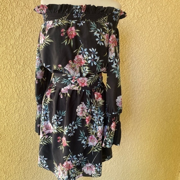 Intermix Black Floral Print Off the Shoulder Belted Mini Dress Size M - Picture 5 of 11